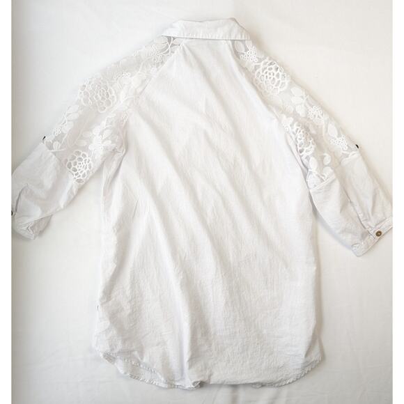 Floral Crochet Mesh Sleeve Cotton Button Down - Picture 7 of 10